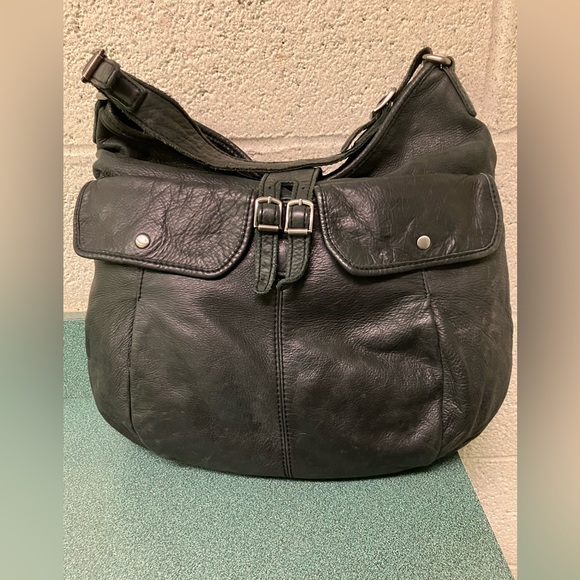 J Crew Leather Bag Purse Black Distressed Bohemian Chic - Picture 3 of 17